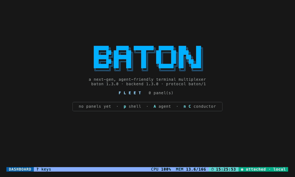 Baton cockpit demo — the key list, panels spawned, the conductor opened, two panels grouped into a work item, and the same ? pressed again in the split and in the zoom